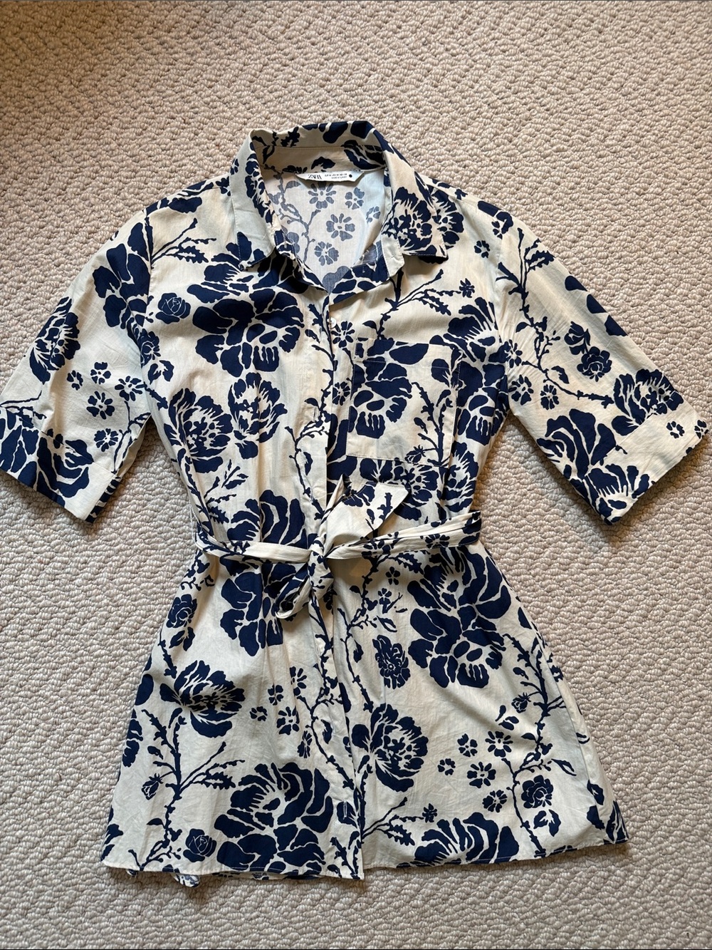 Zara Navy Floral Button-Front Tie-Waist Mini Dress